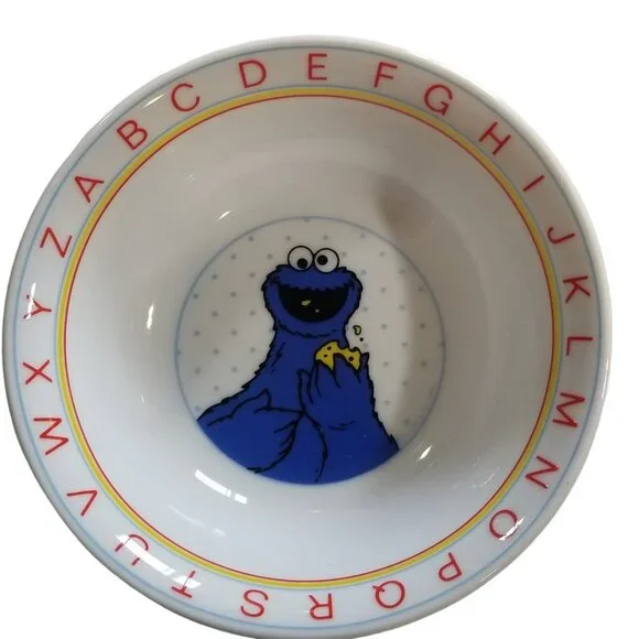 Sesame Street Childs Plate Bowl Porcelain Cookie Monster 2 pc set Vintage - Picture 3 of 9
